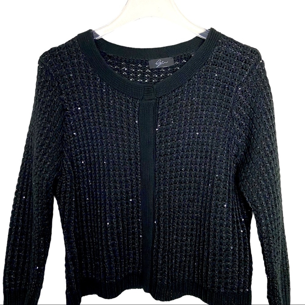 VINTAGE Black Shimmer Crochet Knit Cardigan Sweater Women’s Size Large